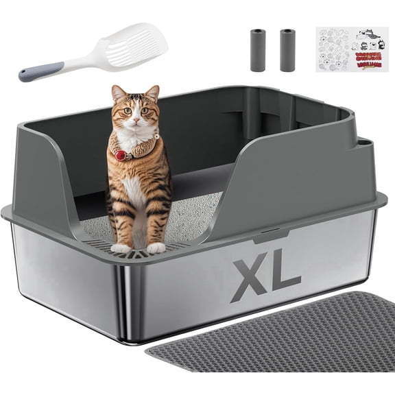 Non-stick Stainless Steel Litter Box, XL Splash-Proof & Leak-Proof, Large Capacity, Cat Litter Box for Multi-Cats, Large Cats, Easy-Clean (Gray)