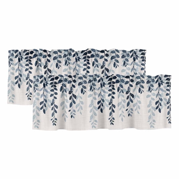 Navy Blue Ombre Botanical Valances for Windows, Watercolor Pastoral Leaf Rustic Light Filtering Kitchen Curtains, Rod Pocket Window Valance Curtains for Living Room Bedroom, 42" W x 12" L, 2 Panels