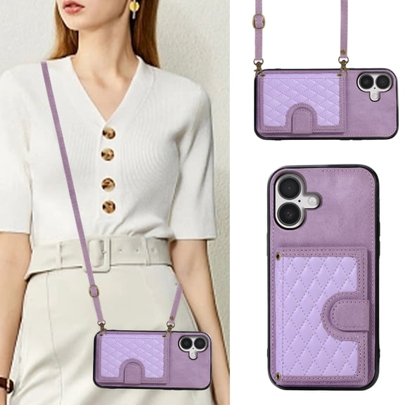 Crossbody Wallet Case For iPhone 16 Plus,[RFID Blocking] Credit Card Holder with Should Strap,Premium PU Leather Purse Diamond Patterned Folio Cover For iPhone 16 Plus,Purple