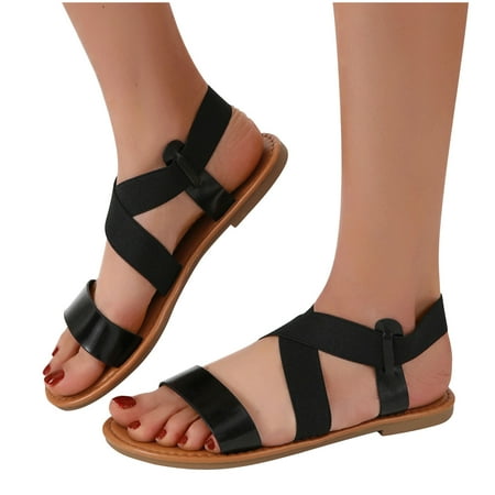 

Women s Summer Casual Dressy Cute Flat Sandals Elastic Ankle Strap Summer Flat Sandals Fashion Two Band Strappy Shoes