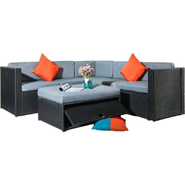 4 Pcs Brown Wicker Patio Furniture Outdoor Patio Furniture Sets Patio Sectional Sofa Set W Storage Table Outdoor Conversation Set For Bistro Garden Pool Backyard Grey Cushion W8010 Walmart Com Walmart Com