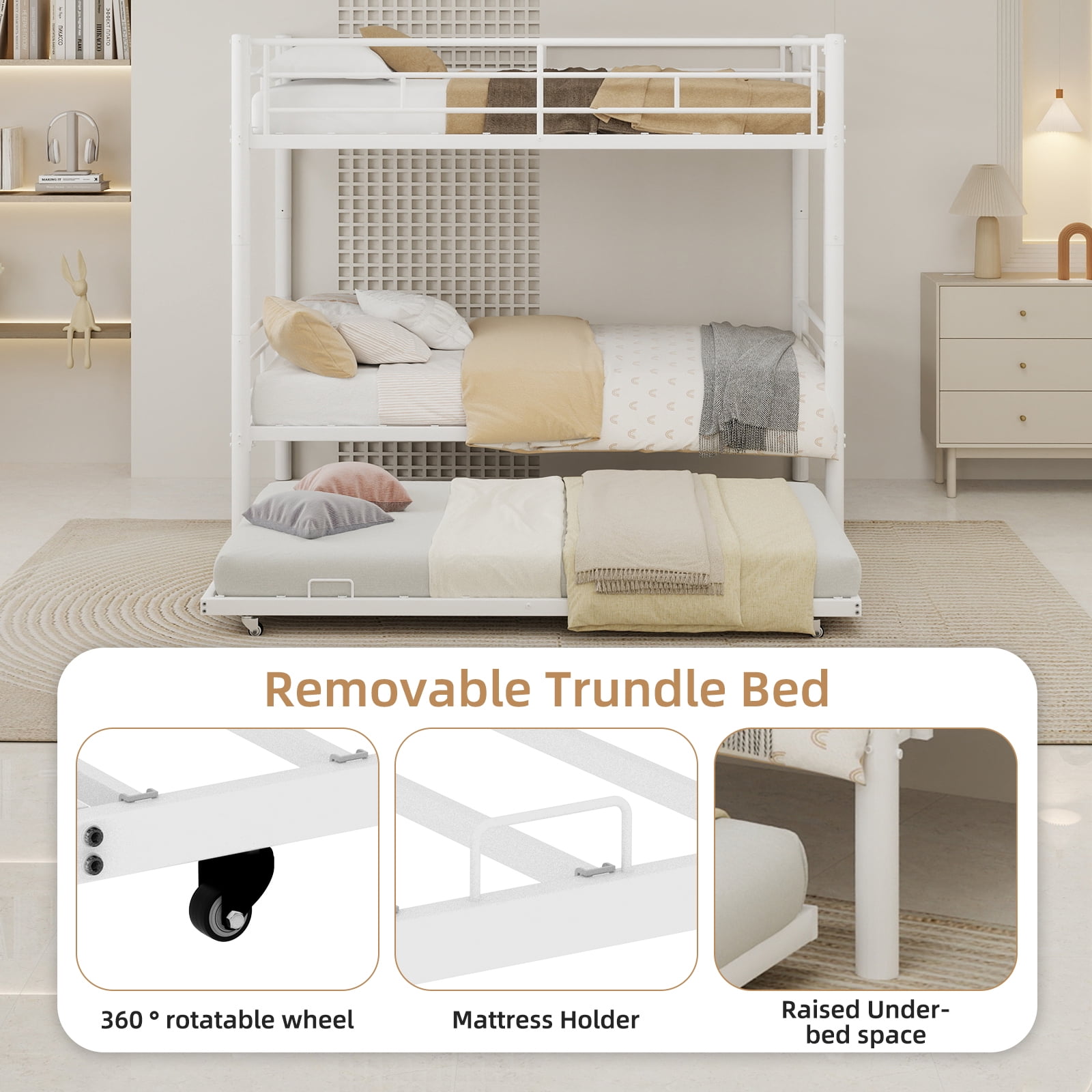 Alvantor Twin Bunk Bed with Trundle for Kids and Teens, Heavy Duty Metal Bed Frame, Triple Bunk Bed with Safety Rail Side White