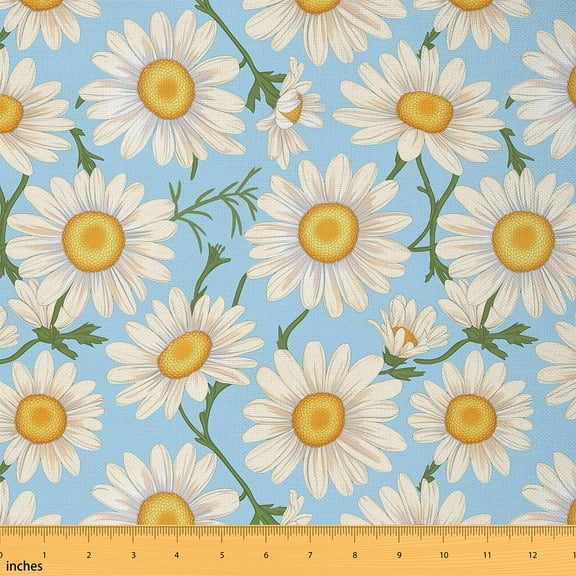 Castle Fairy Girls Daisy Fabric by the Yard 1 Yard, Watercolor Flower Room Decor Fabric by the Yard, Green Leaves White Blossoms Fabric for Sewing, Microfiber Bedroom Decor