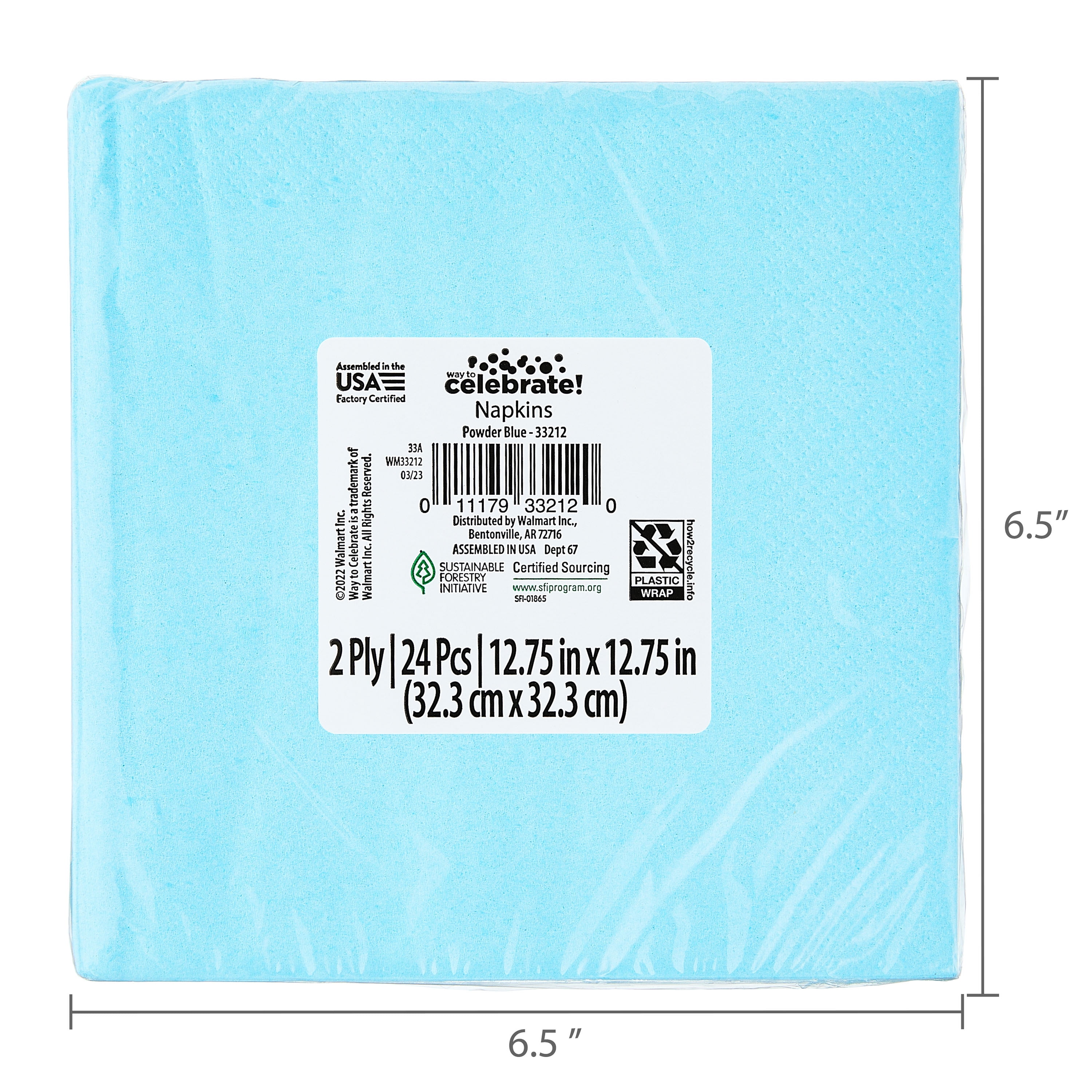 (6 pack) 24CT 6.5IN x 6.5IN Light Blue Disposable Paper Napkins by Way To Celebrate