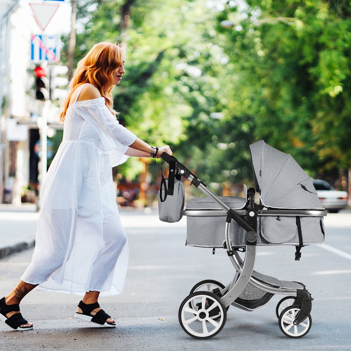 Infans Folding Aluminum Infant Reversible Baby Stroller W/ Diaper Bag Grey
