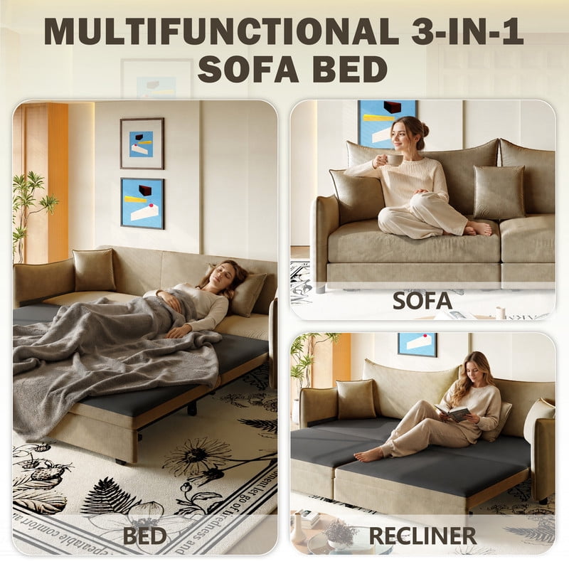 3-in-1 Convertible Pull Out Sofa Bed, 81.9'' King Size Sleeper Sofa Bed with Golden Accent Trim, Velvet 3-Seater Couch with 3 Pillows for Living Room, Small Space, Apartment