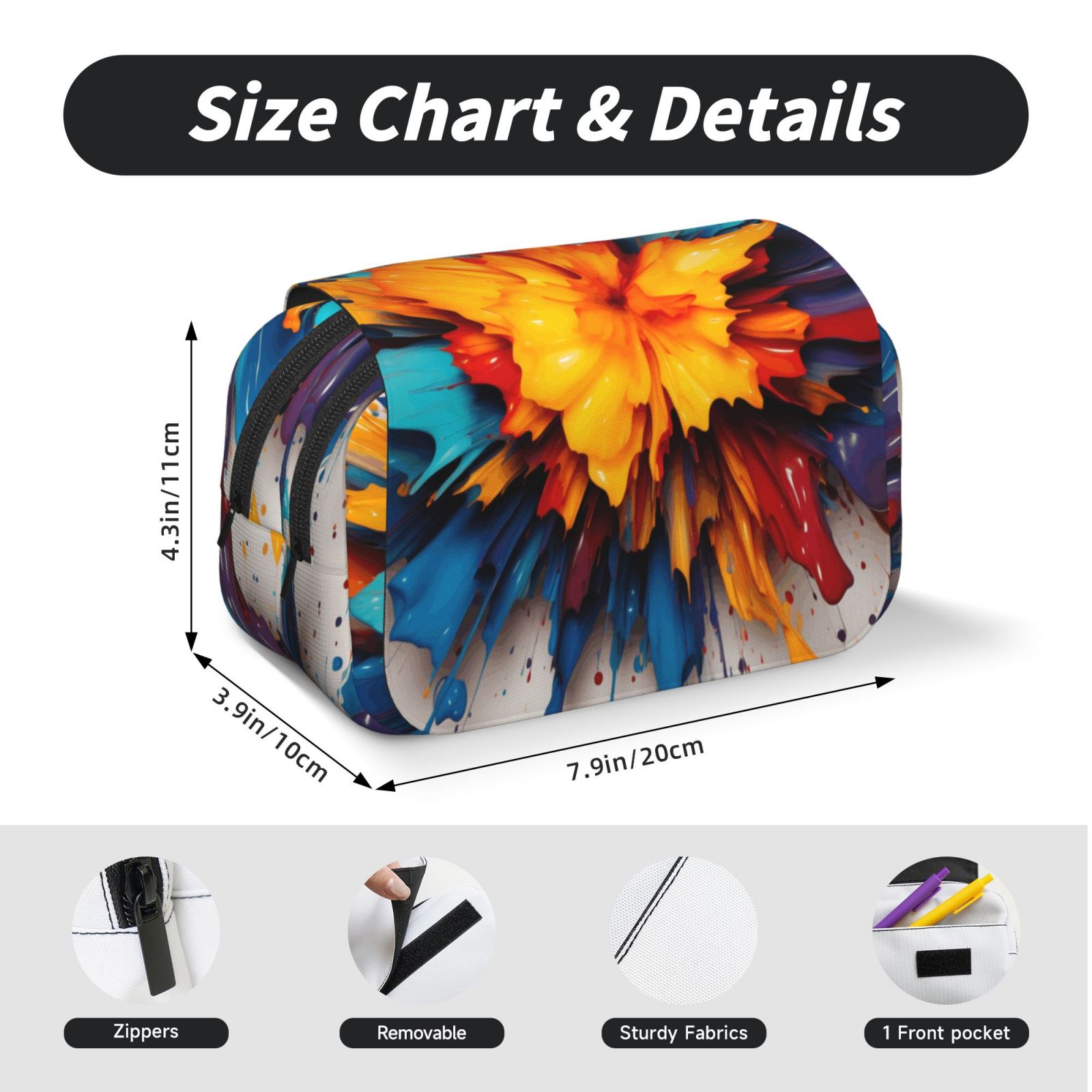 Rateoe Colorful Paint Print Pattern Double Clamshell Pen Case, Storage Organizer with Two Zipper Compartments– Holds Up to 50 Pencils & Pens