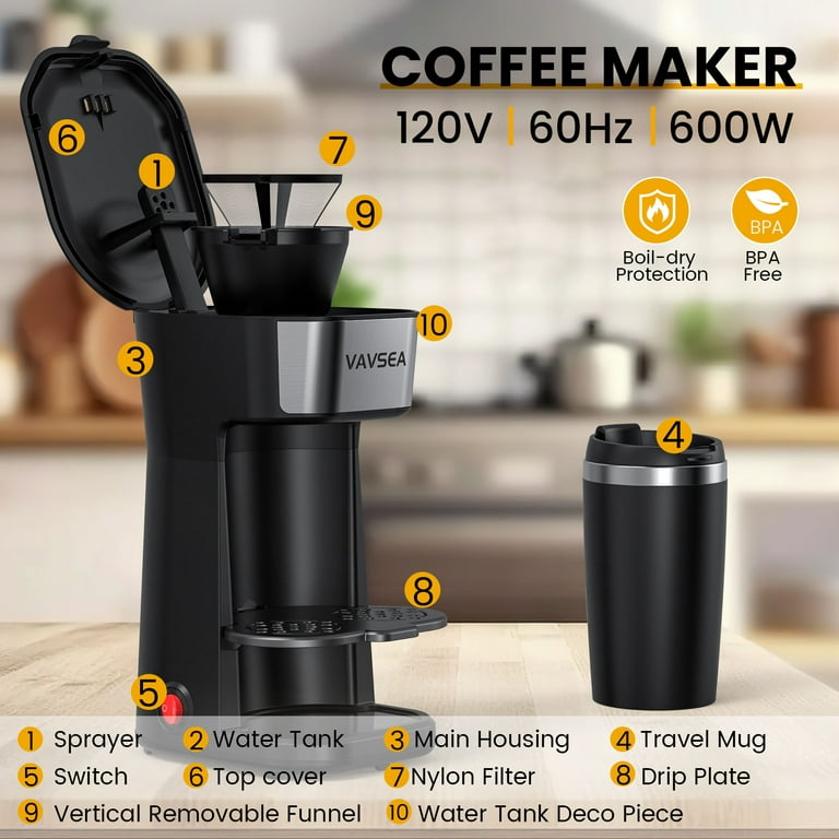 VAVSEA Single-Serve Coffee Maker Brewer 14Oz with Thermal Travel Mug and  Reusable Filter, 600W Personal Coffeemaker for Ground Coffee 