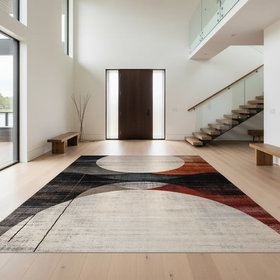Design&I 8'x10' Washable Area Rug Round Tapete Abstract Geometric Circle Weathered Distressed Southwestern for Living Room, Family Extra Large Skid-Resistant Low Profile