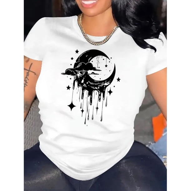Camisetas con gráficos clásico para mujeres y adolescentes y niñas, playera de verano con estampado estéticoCelestial Charm | Women's Fashionable Black T-Shirt with Moon and Star Graphic - Casual Ro