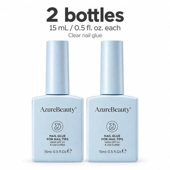 AzureBeauty 10-in-1 Gel Nail Glue, 2-Piece 15ml, UV/LED Nail Glue and Base Coat for Acrylic Nail Tips, False Nails, Rhinestones, Blooming Art, Nail Extension