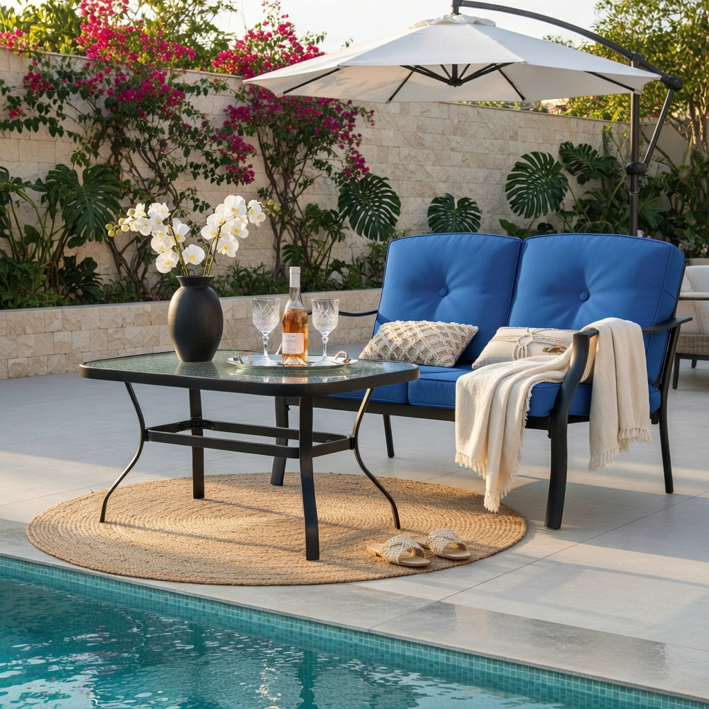 Hommoo Outdoor Loveseat Set with Black Metal Frame, Cushions & Tempered Glass Coffee Table, Patio Seating for Backyard, Poolside & Balcony, Navy