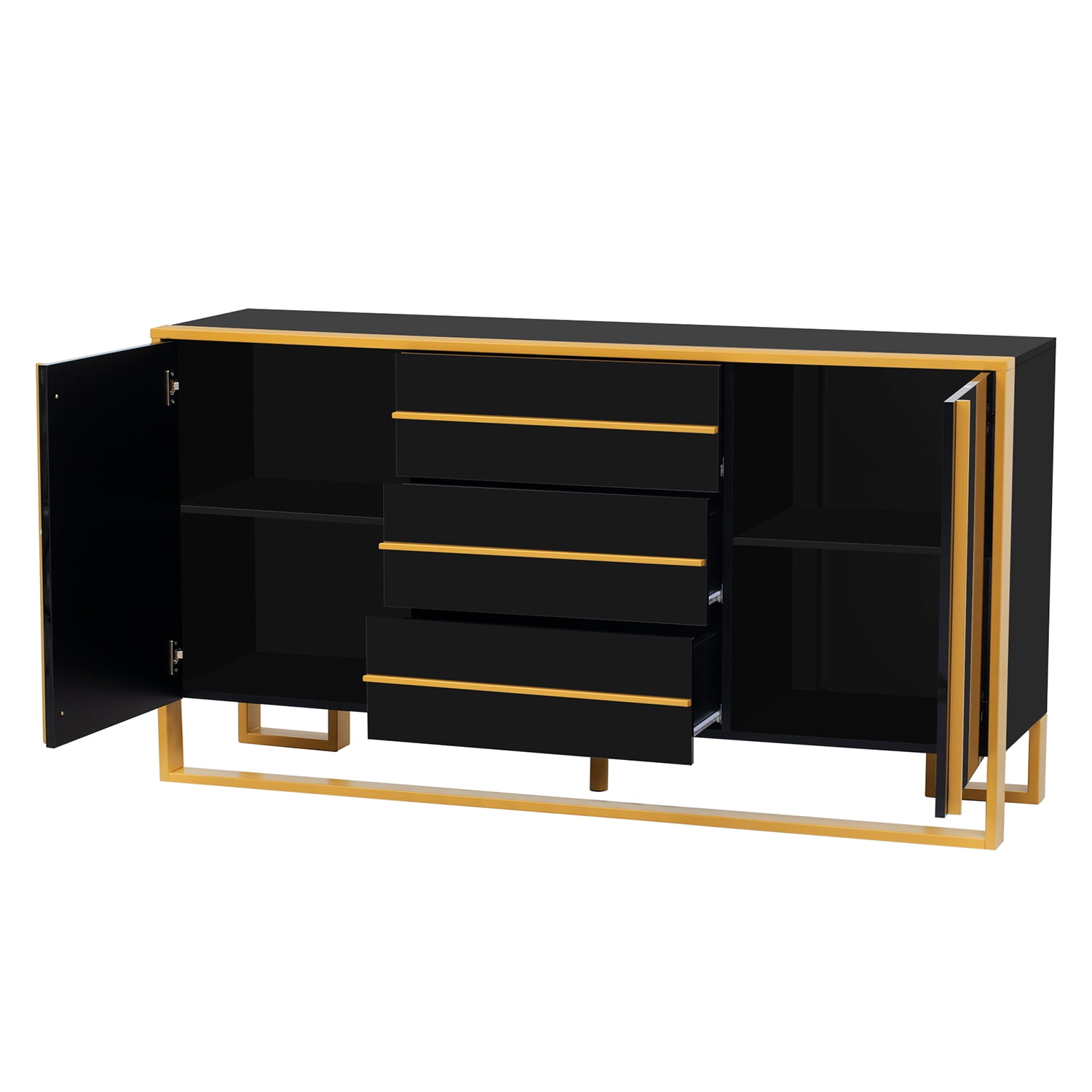 Kadyn 59"L Sideboard, Kitchen Storage Cabinet with Large Storage Space and Gold Metal Legs for Living Room, Black