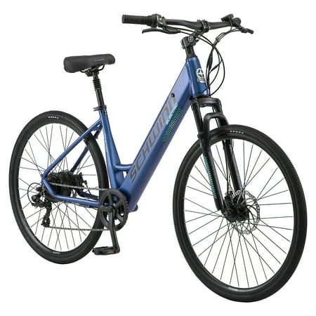 Schwinn Wanderlust Hybrid Electric Bicycle, 700c Wheels, 7 Speeds, 250-Watt Pedal Assist Motor, Blue