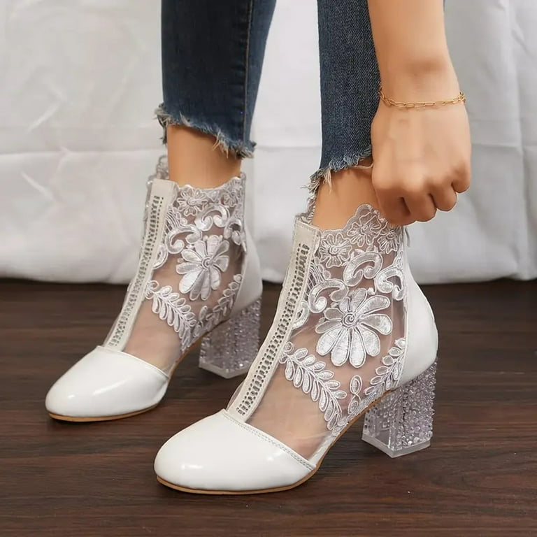 Rokment Lace Dress Boots for Women Bridal Wedding Sexy Floral Embroidered See Through Leather Patchwork Chunky Crystal High Heels Dressy Short Ankle Rokment Lace Dress Boots for Women Bridal Wedding Sexy Floral Embroidered See Through Leather Patchwork Chunky Crystal High Heels Dressy Short Ankle