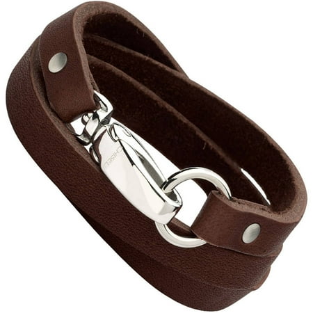 Primal Steel Stainless Steel Dark Brown Leather Wrap Bracelet