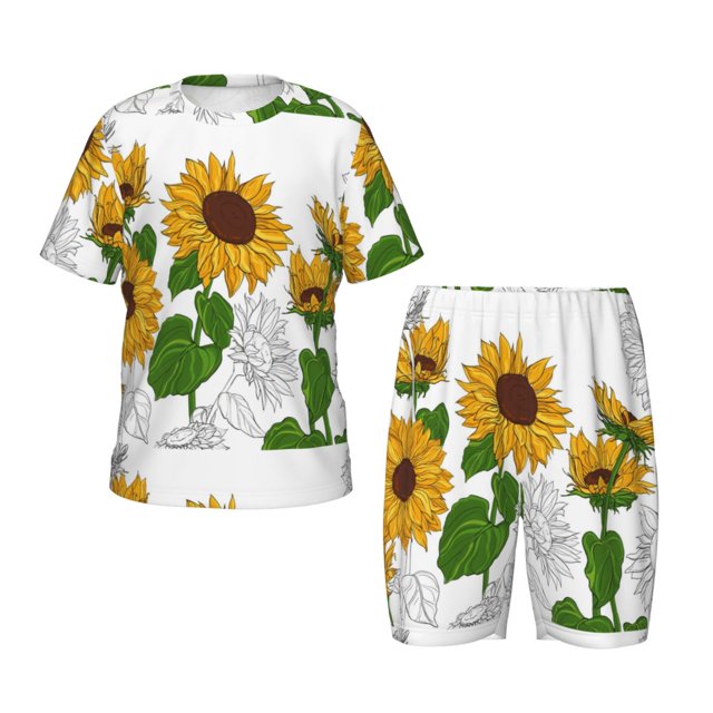 Fotbe Plump Sunflower And Sketch Pijama Estampada de 2 Piezas para Niños – Ropa de Dormir de Manga Corta Cómoda para Niños y Niñas, Camiseta y Shorts de Algodón-XX-Large