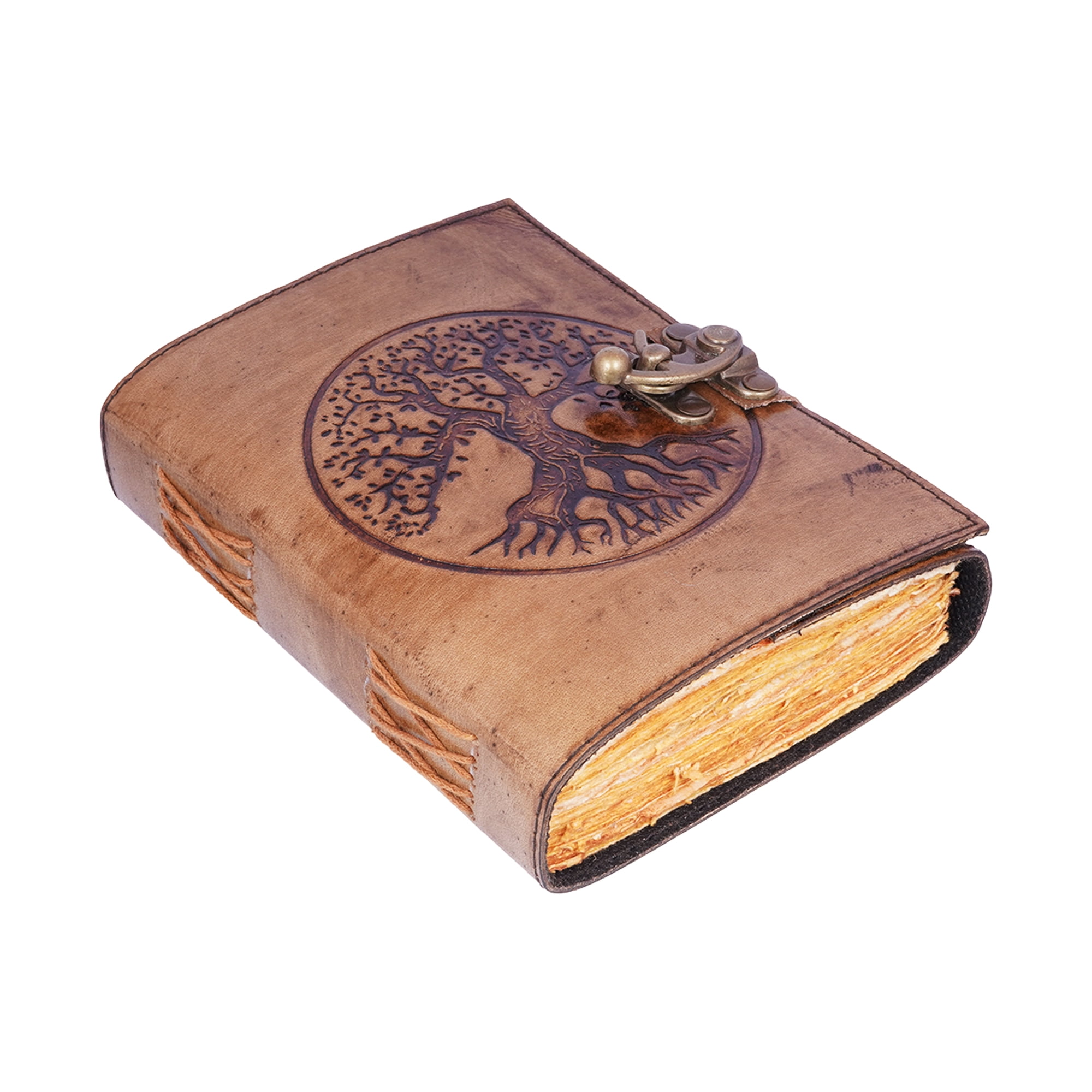 Tree Of Life Embossed Leather Journal w/Metal Closure - 5"x7" | Handmade Embossed Leather Notebook with Circular Tree Design