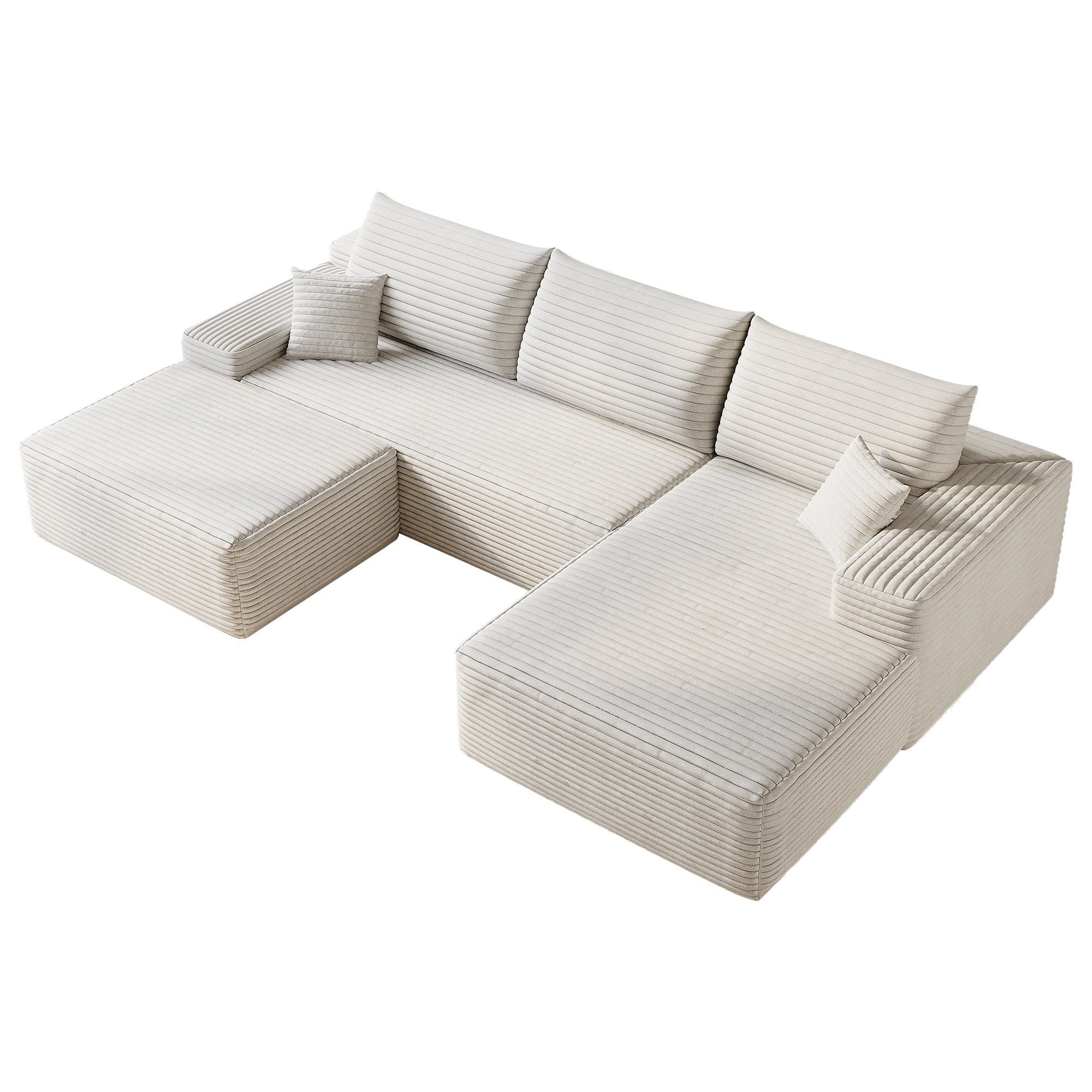 MAYEERTY 107" Cloud Sectional Sofa with 1 Ottoman, Modern Minimalist U-Shaped Deep Seat Couch, No Assembly Plush Corduroy Fabric, White (3 packages)