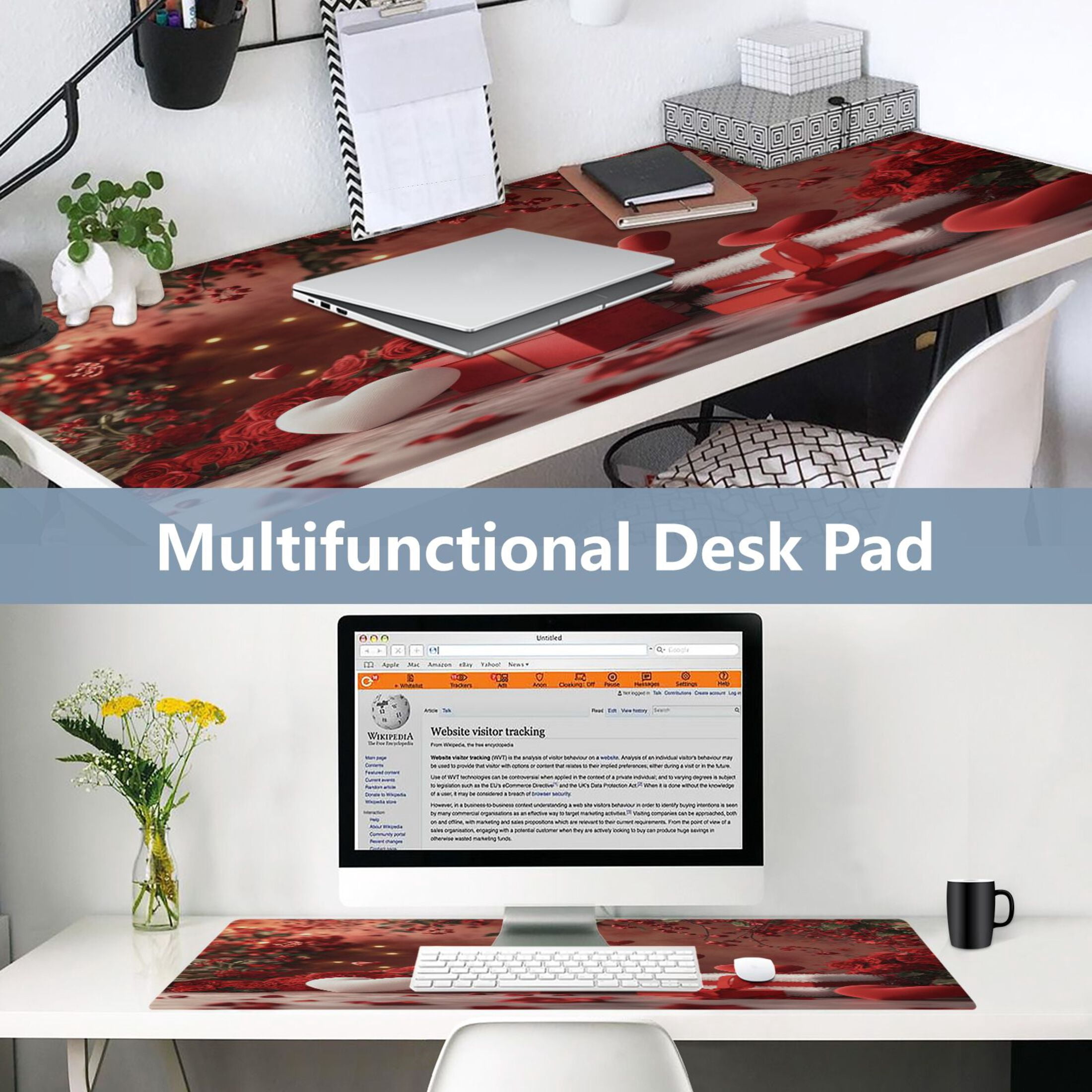 Leather Keyboard and Mouse Desk Mat Office Desk Accessories Protective Office Desk Decor Desk Pad Mat for Gaming, Work from Home, Office Red Roses and Heart Balloons 23.6" x 47.2"