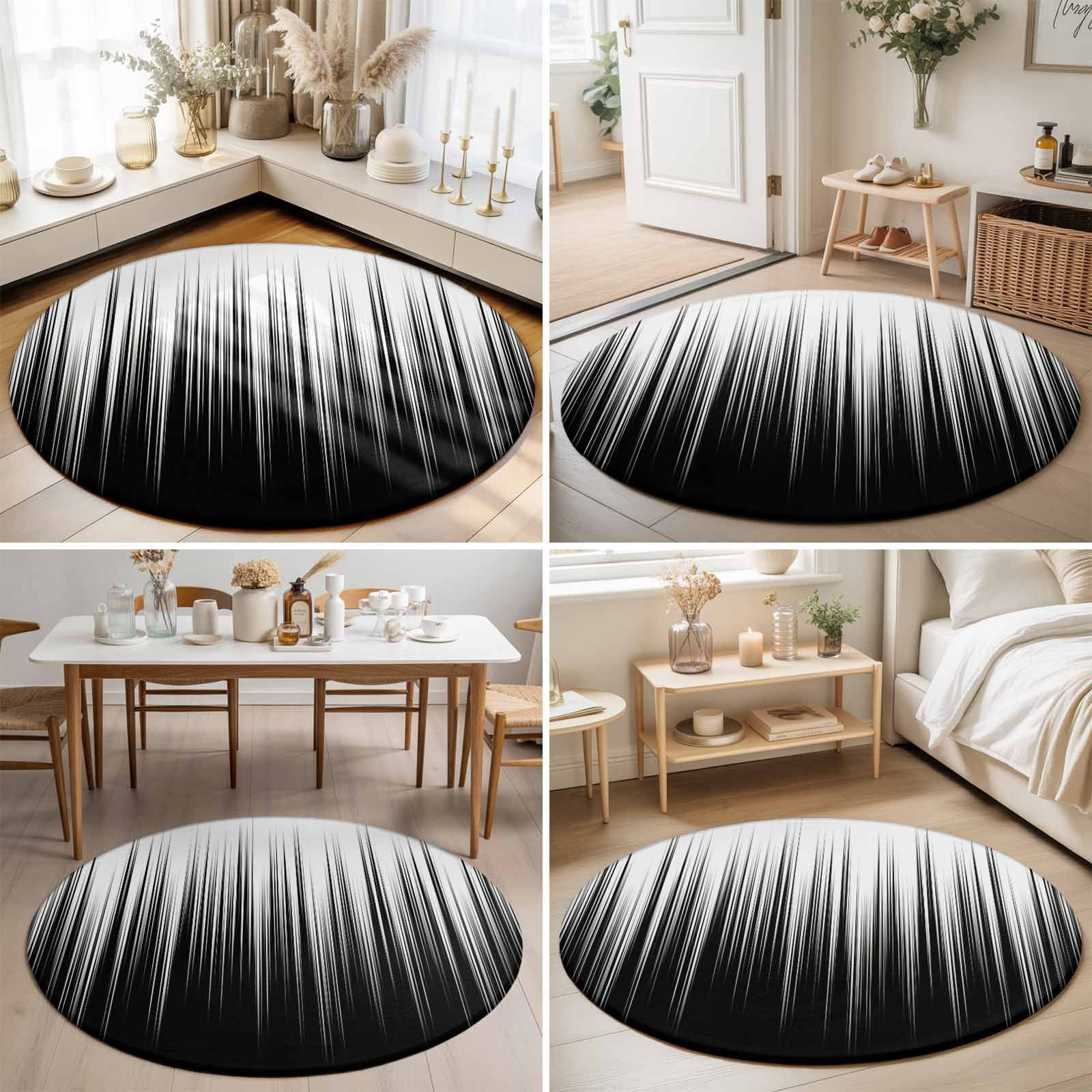 Large Round Rug 8Ft, Black White Non-Slip Washable Circle Rugs Carpet, Modern Geometric Abstract Gradient Striped Indoor Outdoor Rug Floor Mats Throw Runner for Bedroom Living Room Bathroom