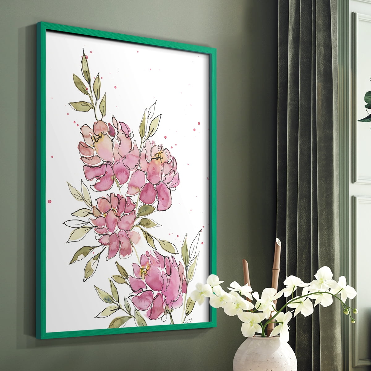 Watercolor Blooms I Framed Print in Green Solid Wood 8 x 10 Framed Print