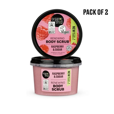 Organic Shop Wild Raspberry & Sugar, Renewing & Exfoliating Body Scrub, 100% Vegan & Organic, Daily Exfoliant, Detox & Moisturizer, Body, Face, Hand & Foot, Intensive Skin Toning. 250ml. Pack of 2