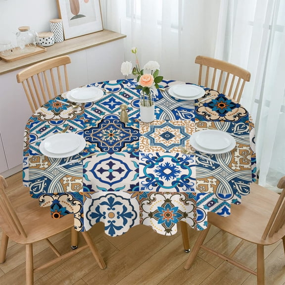 Ethnic Flower Ceramic Tile Round Waterproof Tablecloth Home Decorative Table Cover Party Wedding Dining Room Table Cloth