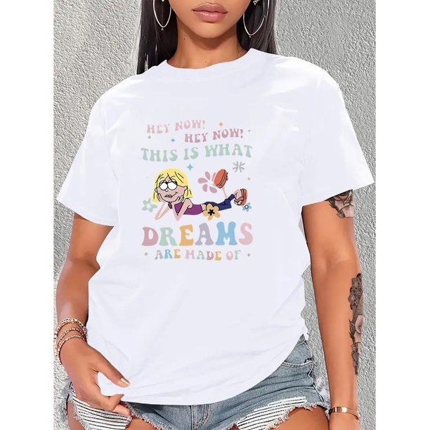 Women's Fashion "This is What Dreams Are Made Of" Cartoon Print T-Shirt, Casual Sporty Short Sleeve Round Neck Tee, Comfortable Summer & Spring Top, All-Season, Solid Color, Ladies' T-Shirt
