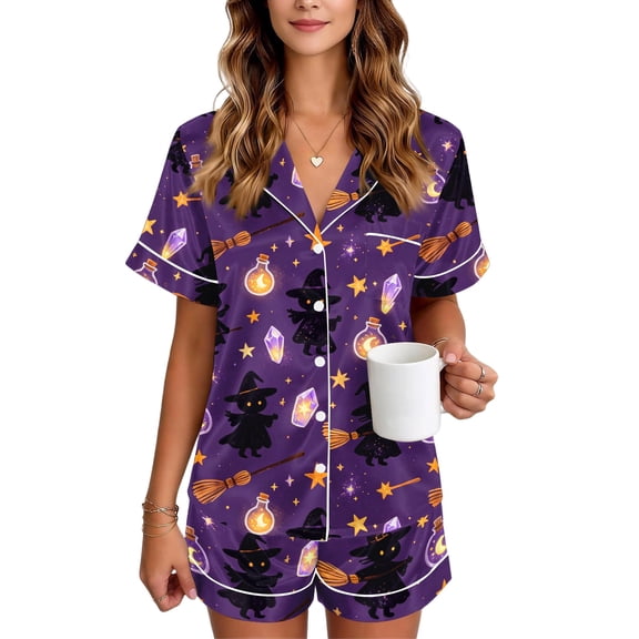 JULMCOMO Halloween Pajamas for Women Set Witch Print Collared Button Comfy Pjs Sets Cute Printed Party Holiday Sleepwear Purple XL