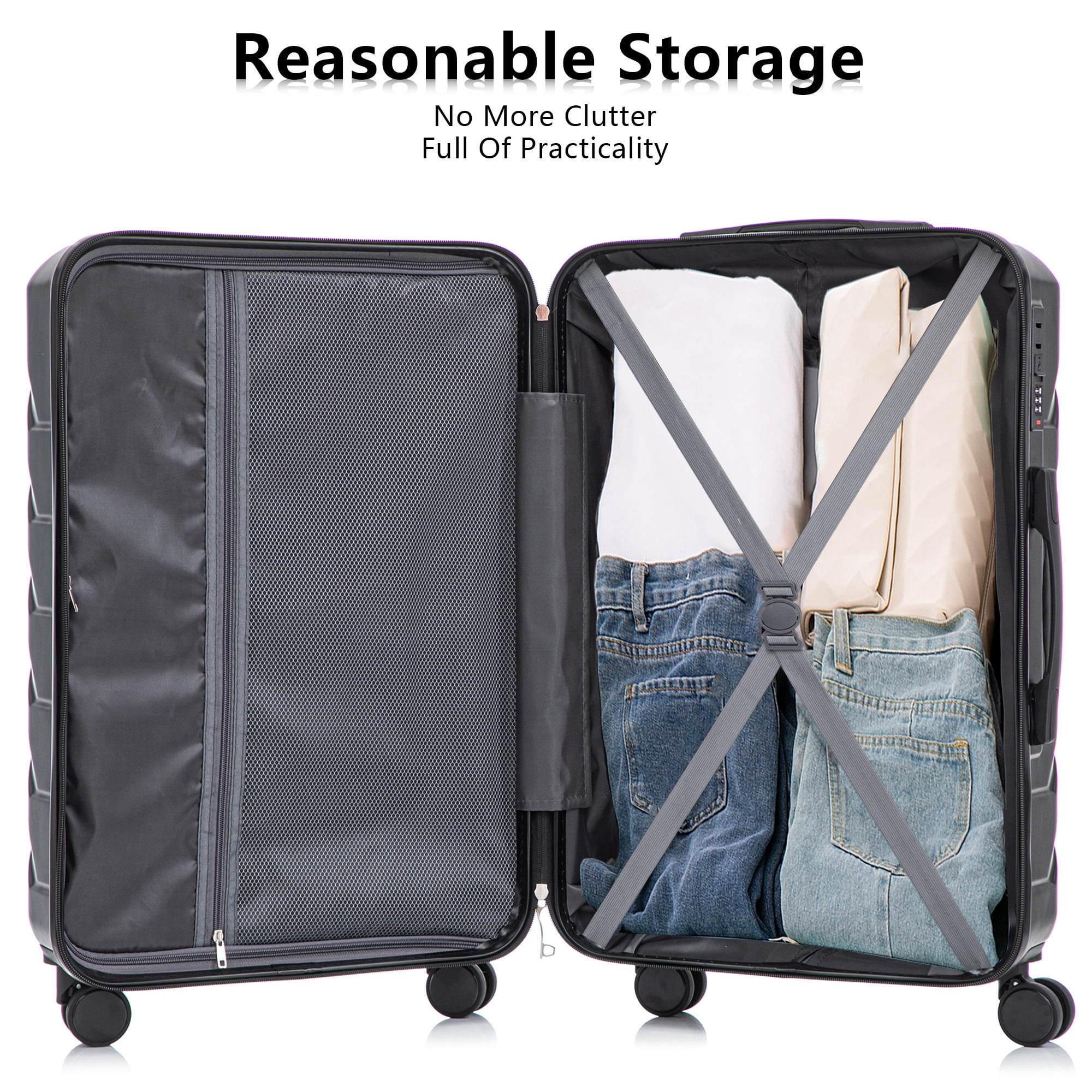 PAPROOS 3 Piece Luggage Set, ABS Carry-on Luggage Set with Spinner Wheels and TSA Lock, Lightweight Hardside Luggage, 20/24/28 Inch Rolling Suitcase Set for Travel Business Trip, Black
