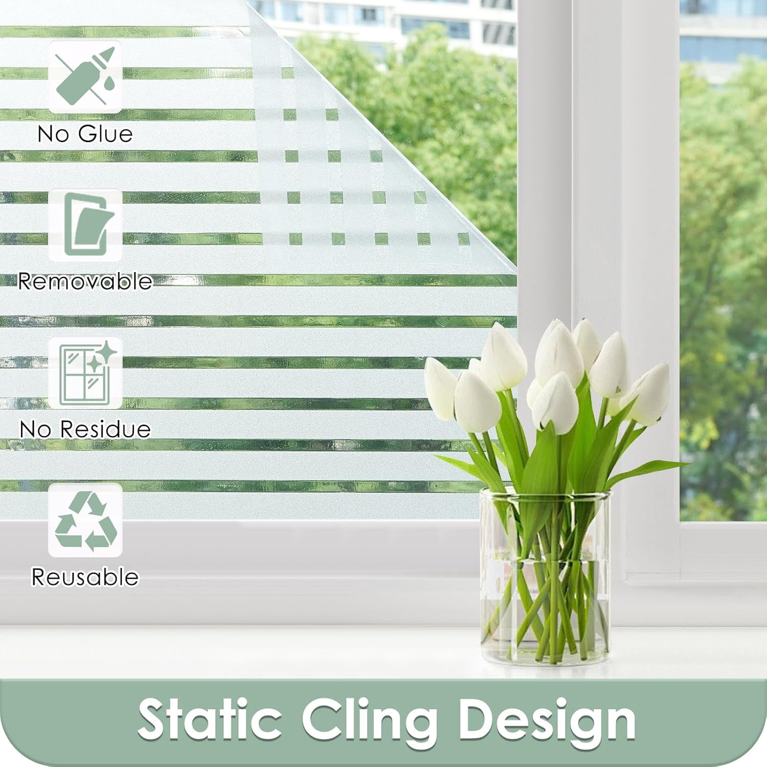 Fancy-Fix Window Film Privacy for Glass Windows, Frosted Stripe Patterm Glass Sticker Static Cling No Glue Anti UV Decorative Door Cover Film for Home Office, 35.4" x 78.7"