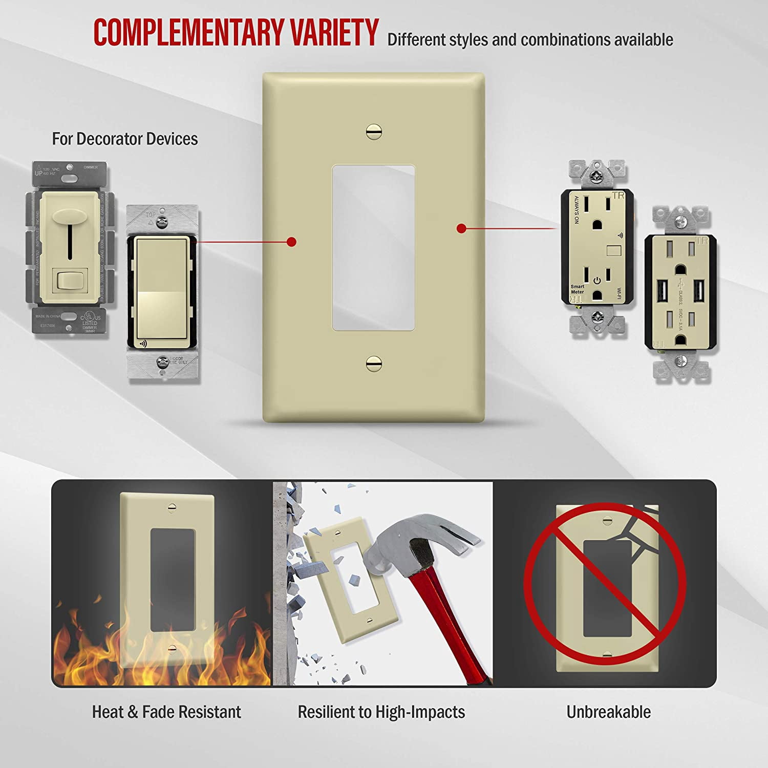 ENERLITES Decorator Outlet Wall Plate, Switch Cover, Gloss Finish, Over-Size 1-Gang, Unbreakable Polycarbonate Thermoplastic, UL Listed, 8831O-I, Ivory