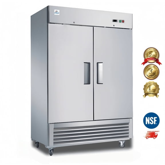 Commercial Reach in Freezer, 54" x 30 1/2" x 82", 49 cu.ft., Double Door Stainless Steel Freezer, NSF certified