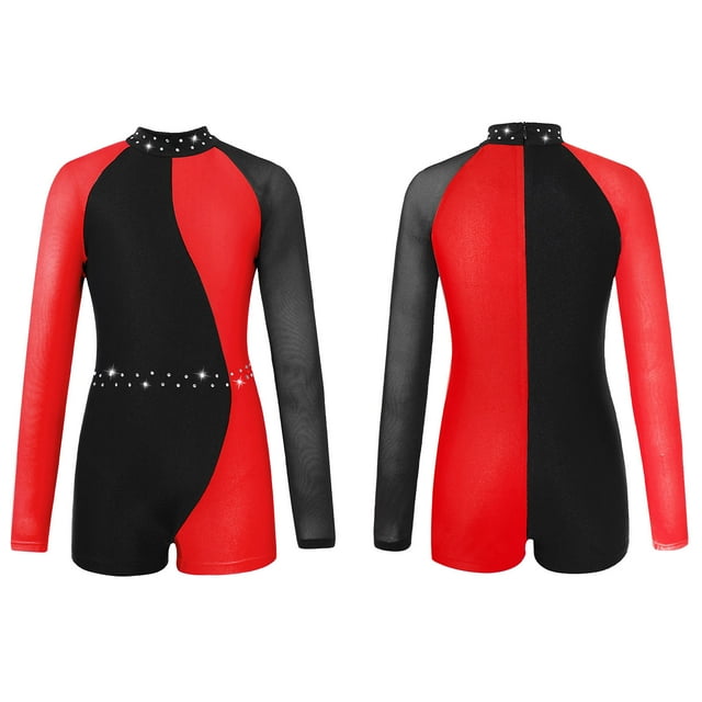 TSSOE Shiny Rhinestones Gymnastics Leotards for Girls Long Sleeve Dance Jumpsuit Athletic Ballet Unitards Red 8