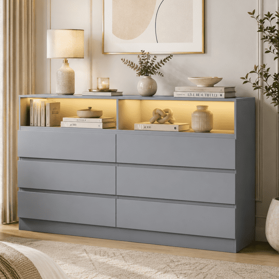 Gyfimoie 6 Drawer Double Dresser with Power Outlet and LED Light, Accent Chests of Drawers for Bedroom, Living Room-Gray