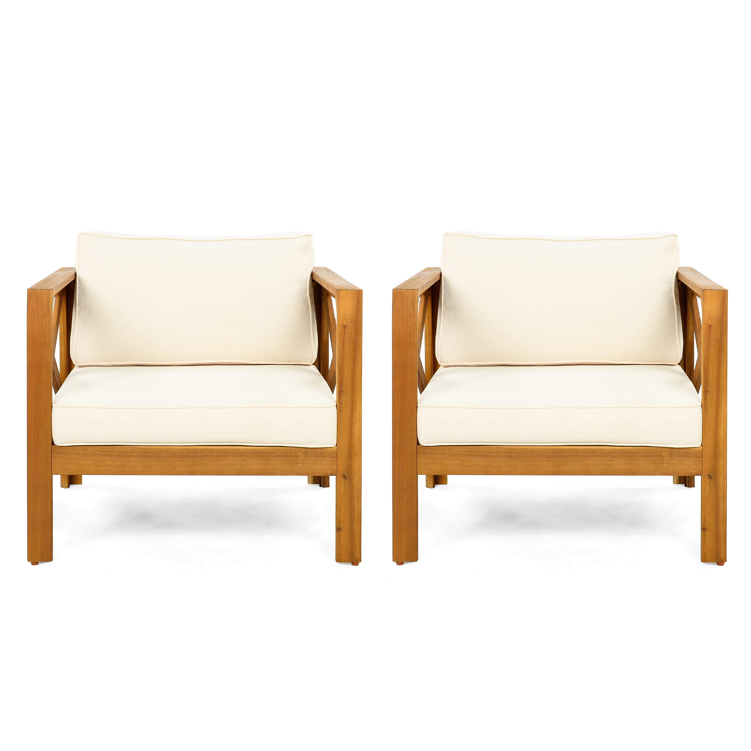 Wooden Armchair Set of 2, Outdoor Acacia Wood Club Chair with Cushions for Patio Garden, Teak and Beige