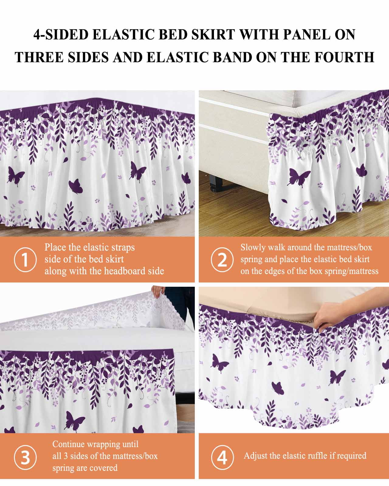 Butterflies Bed Skirt Queen Size 16 Inch Drop, Spring Purple Butterfly Falling Leaf Plant Silhouette Adjustable Elastic Dust Ruffles Bedskirt for Queen Bed Wrap Around Pleated Mattress Frame Cover