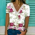 thumbnail image 2 of Women Tops Clearance-Sale Short Sleeve Printing Floral Pattern Blouse V-Neck Classic Fitted Tunic Formal Daily Ruched Ladies Softy Work Going Out Tops Hot Pink,M, 2 of 5