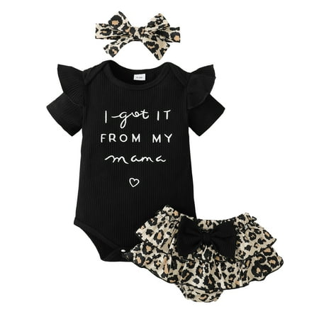 

Infant Baby Girls Clothes 3 Months Baby Girls Summer Short Outfit Sets 6 Months Short Sleeve Romper Tops Elastic Shorts Headband 3PCS Set Black