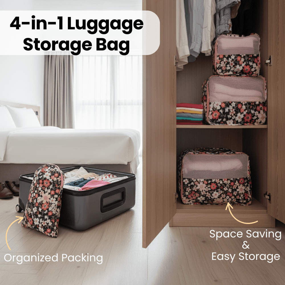 4-Piece Travel Packing Cubes Set, Luggage Organizer Bags with Mesh Top, Lightweight Clothes Storage Pouches, Pink Floral Pattern