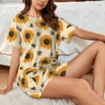 thumbnail image 4 of Zufioo Sunflowers And Bee Print Women's Short-sleeved Pajama Set, Round Neck Button Top, Elastic Waist Drawstring Shorts, Suitable for Home, Leisure, Vacation-Small, 4 of 6