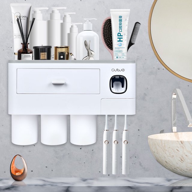 Wall Mounted Toothbrush Holder for Bathroom, Automatic Toothpaste Dispenser Kit with Magnetic Cups Kids & Family Set Toothbrush Holders, Storage Rack & Easy Install, Durable Space-Saving,Blue