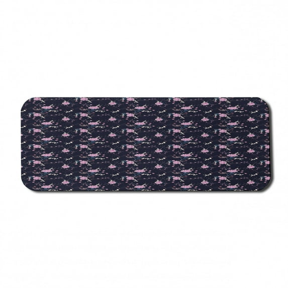 Navy Blue Computer Mouse Pad, Numerous Botanical Ornamental Japanese Cherry Flower Blossoms Pattern, Rectangle Non-Slip Rubber Mousepad Large, 31" x 12", Baby Pink Dark Indigo, by Ambesonne