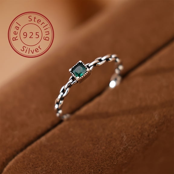 925 sterling silver rings, inlaid with emerald green cubic oxidation -simple interweaving design, suitable for daily wear and special occasions,Silver