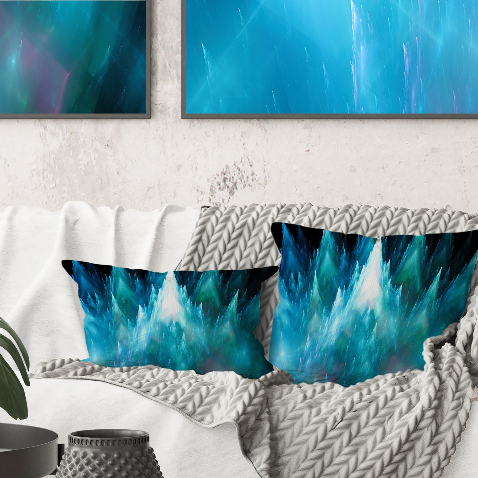 Designart Blue Fractal Crystals Design - Abstract Throw Pillow - 16x16