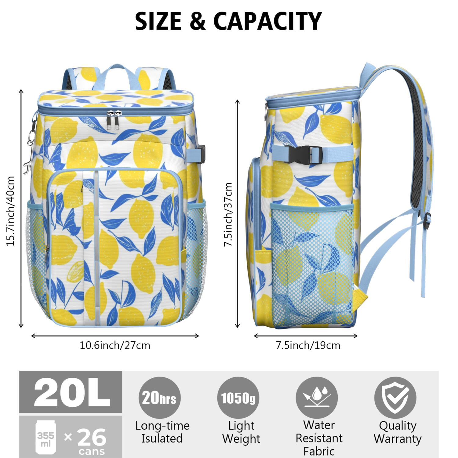 Travel Cooler Bag - Lemon Camping Beer Cooler Backpack with Bottle Opener- Waterproof Insulated Picnic Backpacks - Cooler Bag for Beach