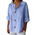 thumbnail image 2 of Blue Tshirts for Women Linen Shirts for Women Summer 2025 Trendy V Neck 3/4 Sleeve Top Loose Vacation Beach Solid Blouses Tunic Tops Summer Tops, 2 of 6