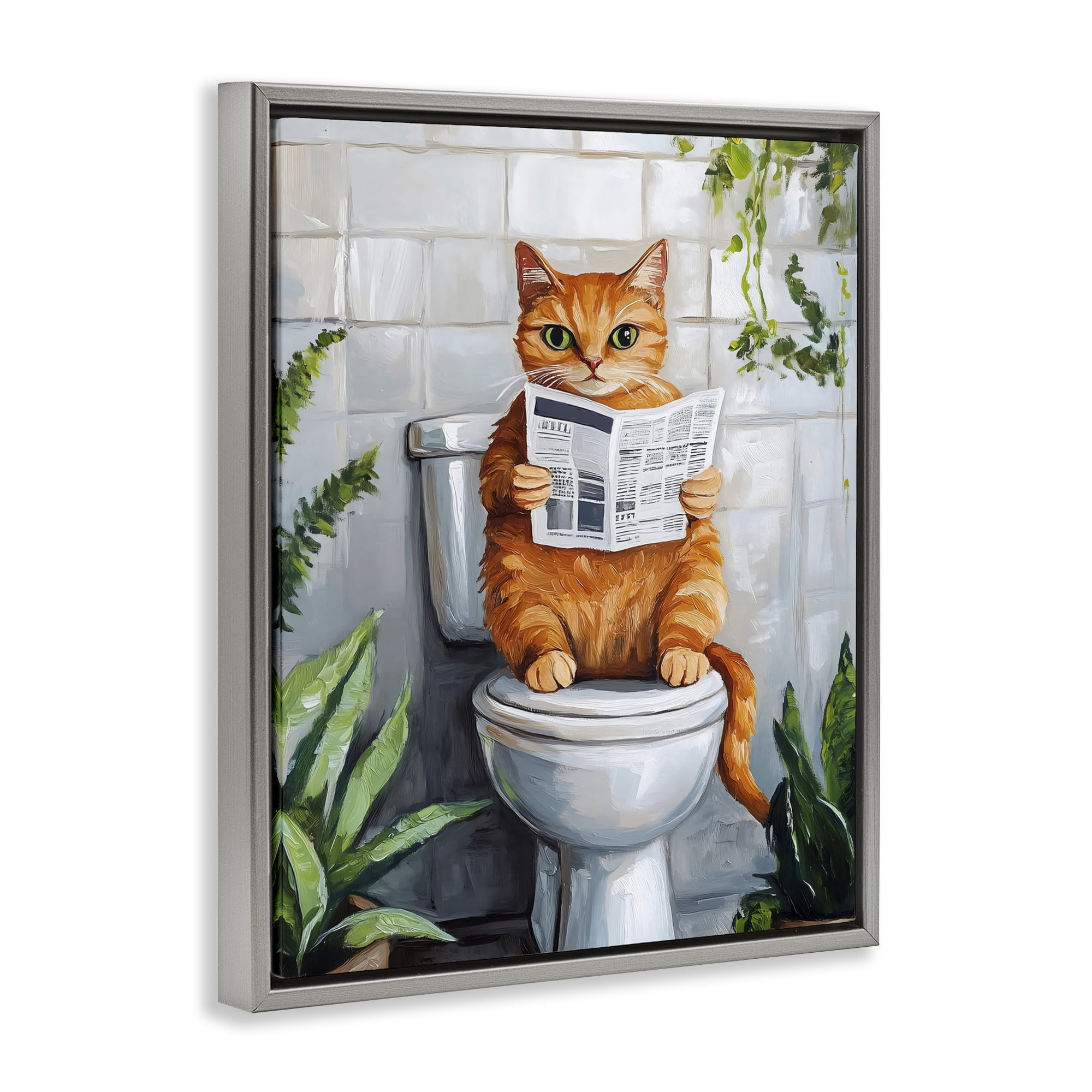 Stupell Industries Orange Cat Reading Paper Gray Framed Floater Canvas Wall Art, design by The Prints Vibe