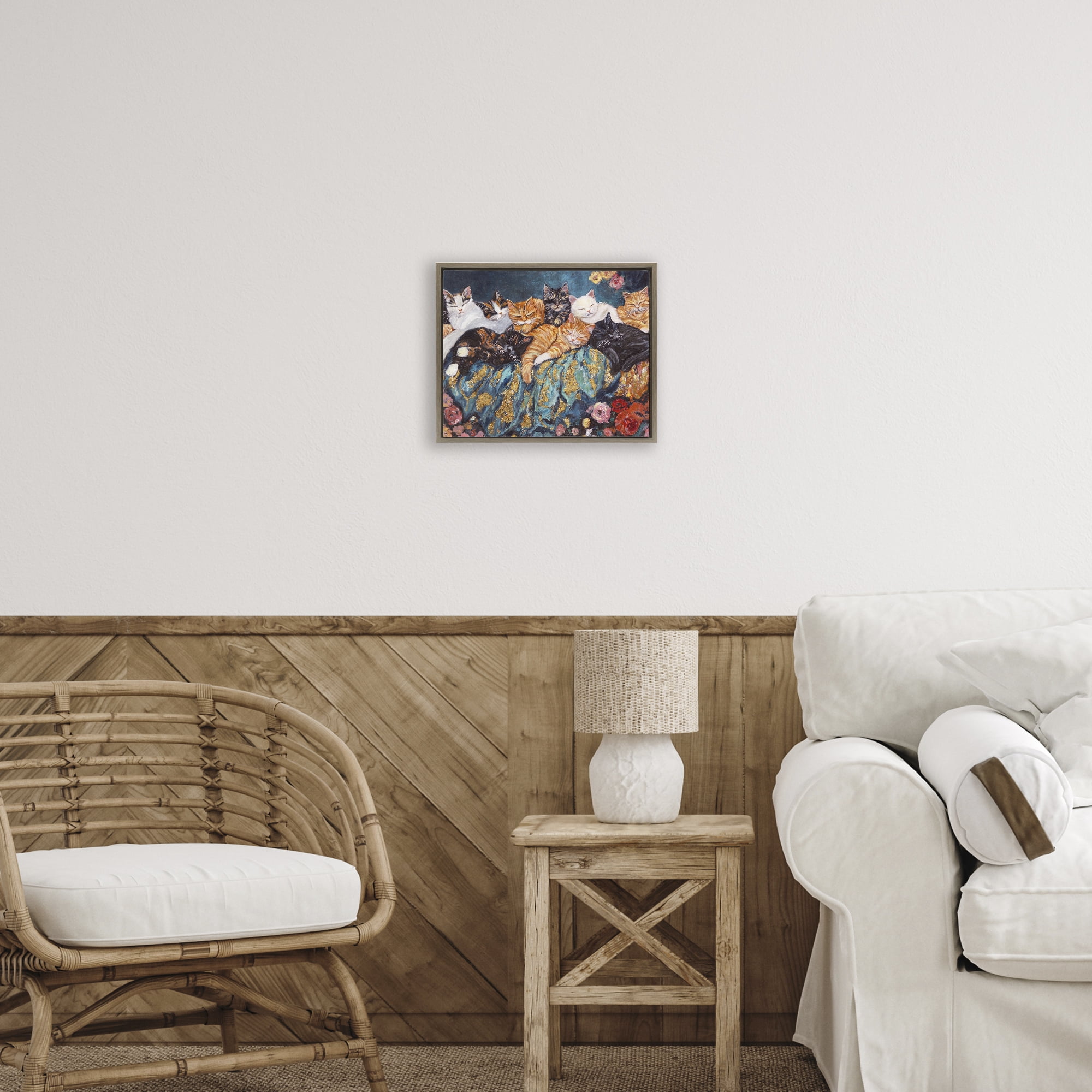 Sleepy Kitty Crowd with Flowers Brown Framed Floater Canvas Wall Art, design by Sara Culpepper